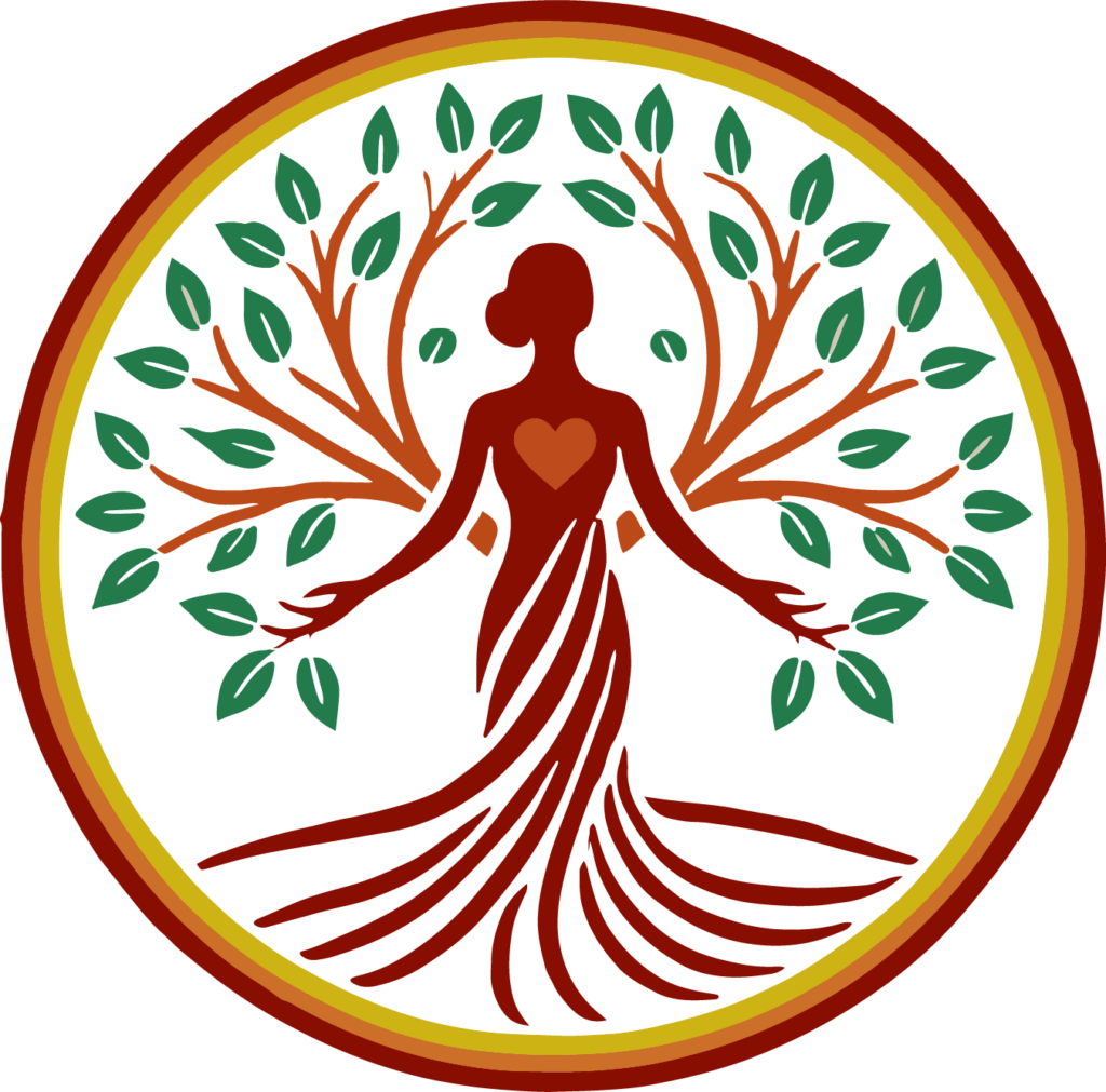 Logo Corinne Maincent - Silhouette humaine avec bras en branches d'arbre et cœur rouge